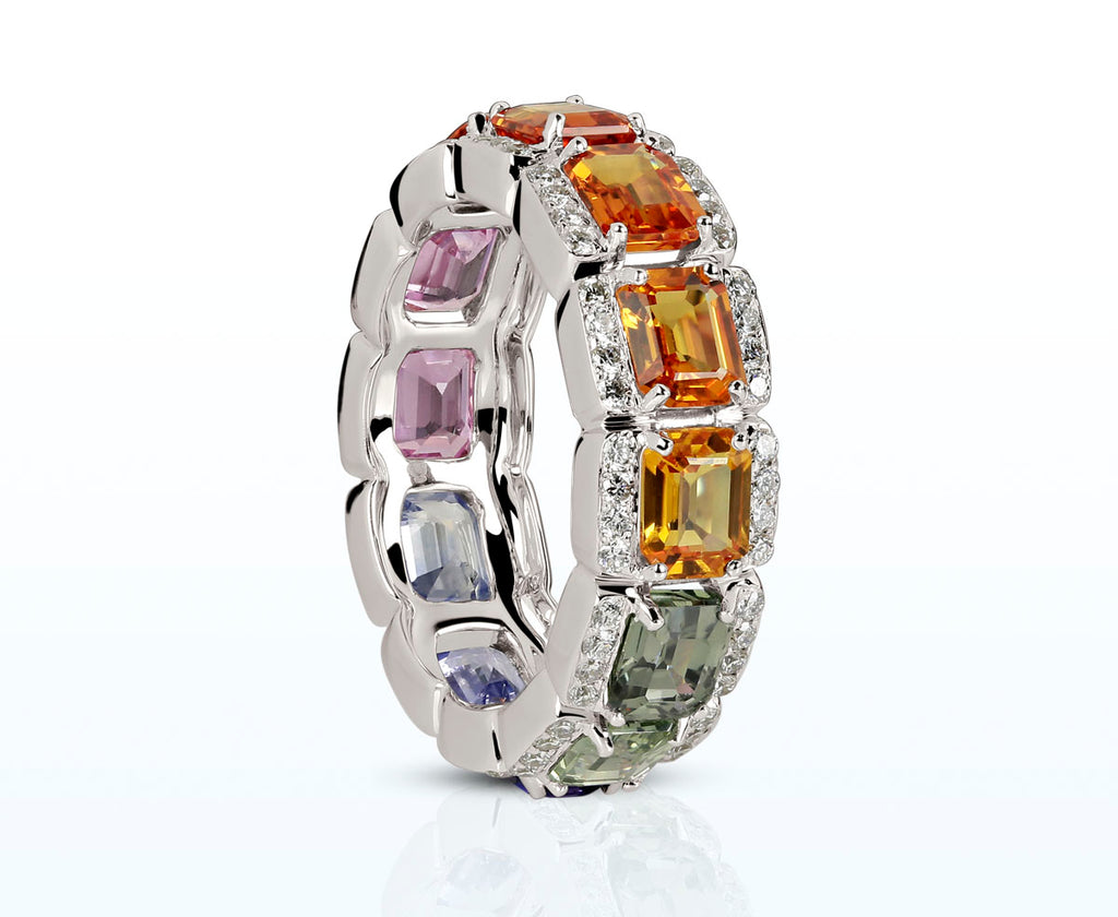 Saphir Ring "Rainbow" 7 mm (Weißgold 750) mit Diamant Brillanten