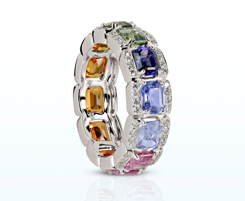 Saphir Ring "Rainbow" 7 mm (Weißgold 750) mit Diamant Brillanten