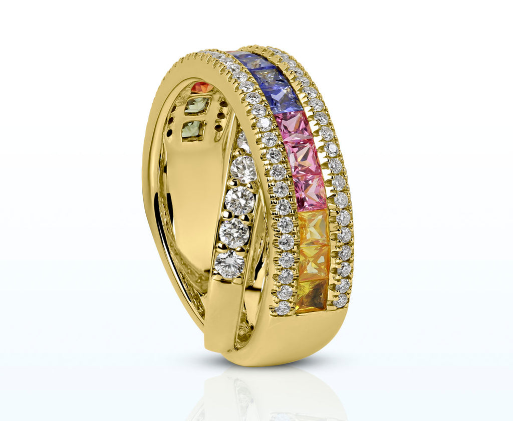 Saphir Ring "Rainbow" (Gelbgold 750) mit Diamant Brillanten